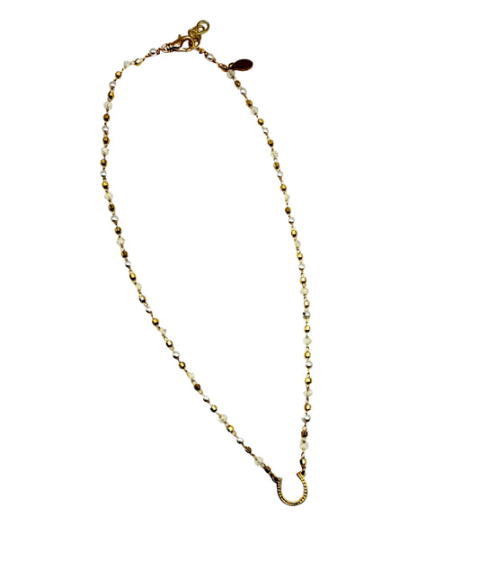 Pearl gold layering necklace horseshoe charm