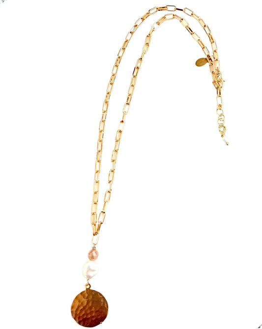 Pearl, Orange Moonstone, Vermeil Hammered Coon Pendent