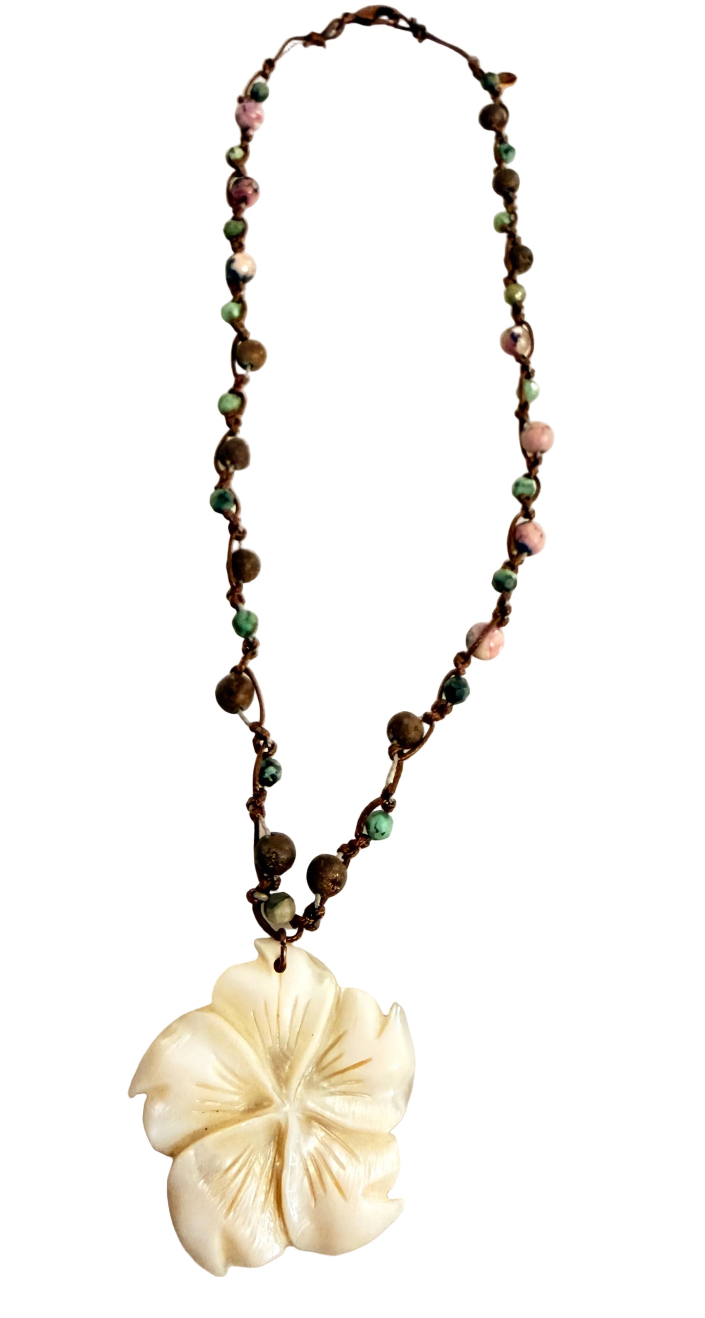 Turquoise, Druzy, Jasper Mother of Pearl Flower Cord Necklace